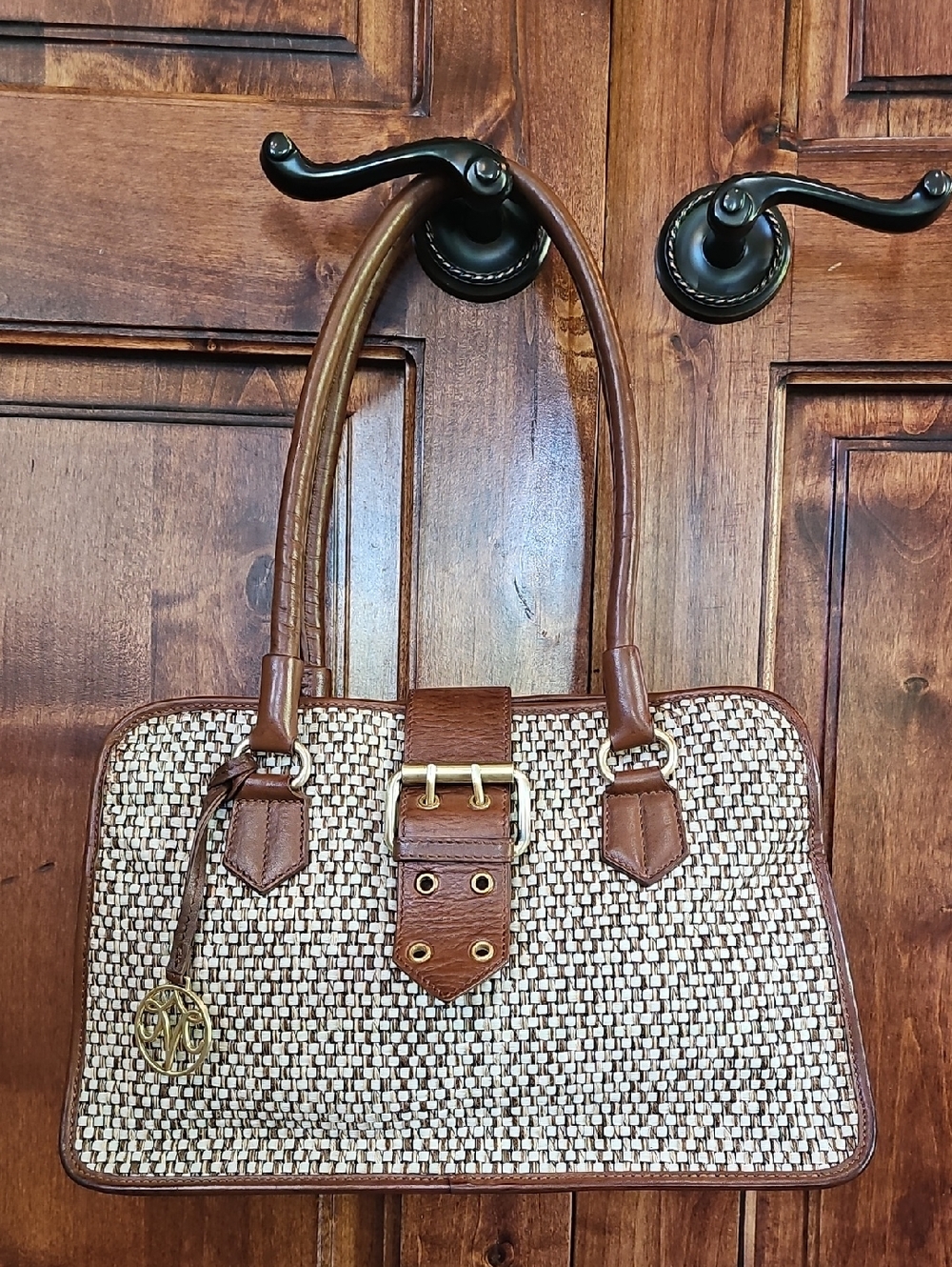 Johnston & Murphy Brown Woven Shoulder Bag with Gold Hardware